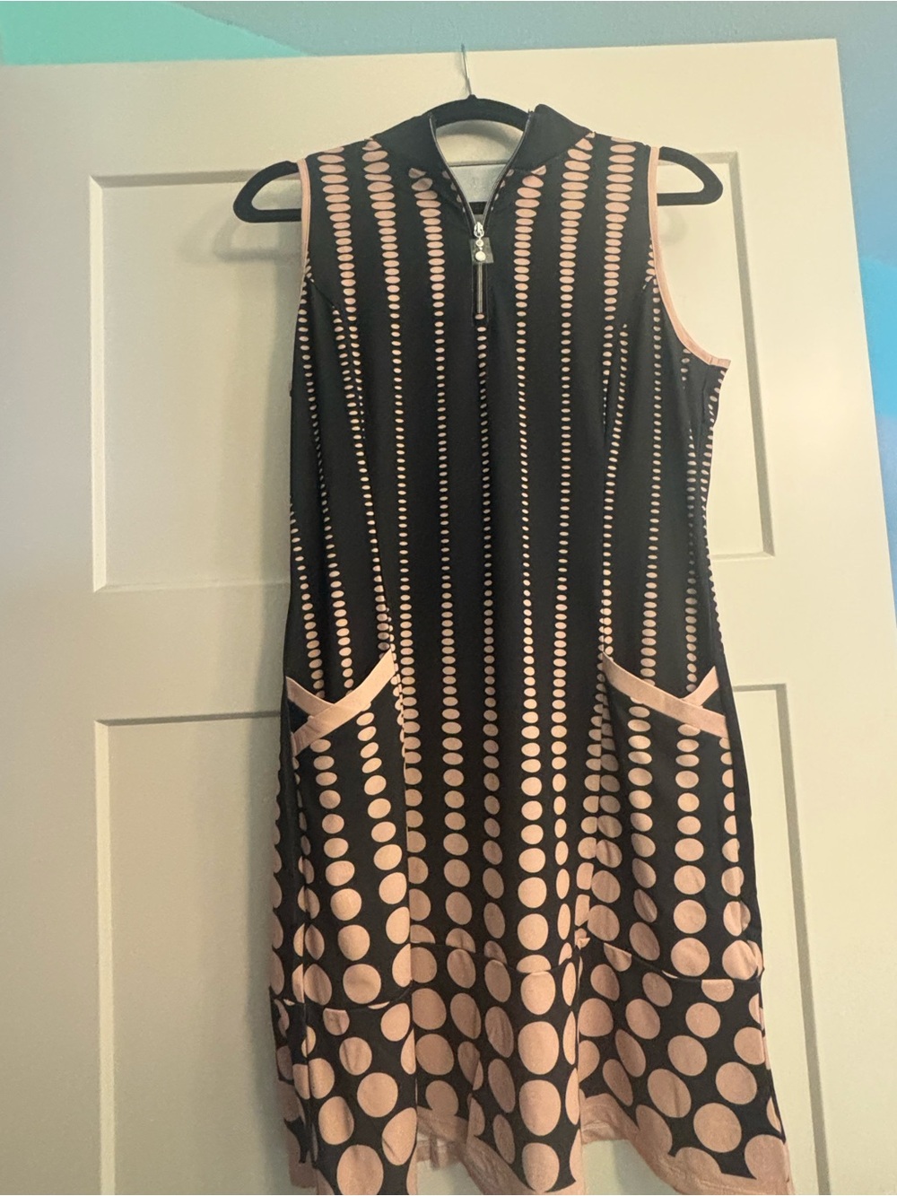 Black Sleeveless Golf Dress with Blush Dot Pattern and Front Pockets UPF 50-+